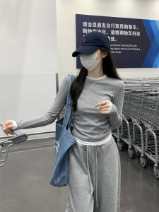 Korean Style Slim Fit Long Sleeve T-Shirt Womens Inner Wear Top Trendy Design Folded Shoulder Two-Piece Effect Commute Suitable