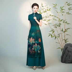 Vietnam Traditional Ao Dai Cheongsam Flower Print Women Oriental Party Dress