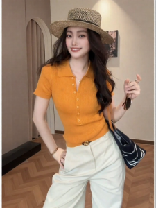 YUEZHONGWEI | Orange Ice Silk Knit French Collar Short Sleeve Slim T-Shirt