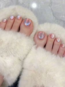 Colorful Cat Eye Wearable Nail Tips Summer Brightening Aurora Pink 3D Diamond Embedded Glowing Short Toe Nail Artificial Nails