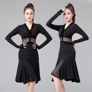 Women Black Mesh Latin Dance Costume Long Sleeve V-neck Practice Party Evening Dance Dress Performance Accessories Dancewear