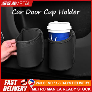 🇵🇭 SEAMETAL 2pcs Car Door Cup Holder PU Leather Black Drink Rack Storage Bin Auto Back Seat Cup Holder Organizer For Car Accessories