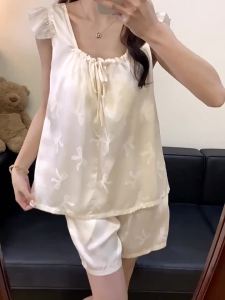 New Arrival Ice Silk Woman Pajamas Summer Sweet Thin Printed V Neck Short Sleeve Shorts Pyjamas Female Ladies Loose Home Wear Two Piece Set