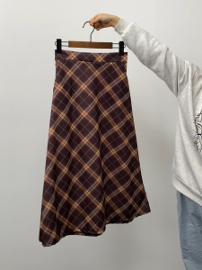 ZANZEN Women Plaid Maxi Skirt Elastic High Waist A-Line Skirts Causal Pocket Lattice Fashion Loose Plus Size