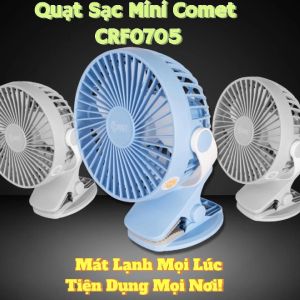 Quạt tích điện Comet CRF0705 vừa kẹp vừa để bàn Pin lithium-ion 3.7V 1800mAh hoạt động: 2.5 giờ ở tốc độ cao cánh quạt 12.7cm