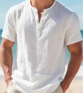 Mens Cotton Linen Henley Short Sleeve T Shirt Lightweight Breathable Solid Color Casual Loose Fit Summer Beach Vacation Top