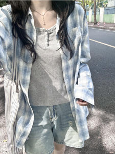 Áo Sơ Mi Chống Nắng Kẻ Caro Phong Cách Mỹ Cổ Polo Tay Dài Dáng Rộng Mỏng Nhẹ Mùa Hè Cho Nữ Chất Liệu Khác