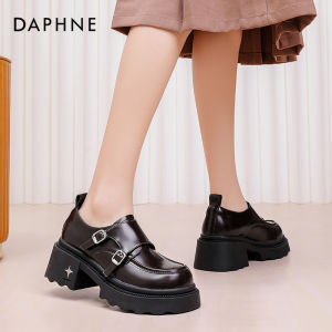 Daphne Womens Flats Thick Bottom British Style Shoes Heightening Bean Bean Shoes Casual round Toe mid Heel Plastic Outsole