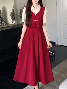 Summer Red College Style Dress Fake Two-Piece Splice Belly Cover Slimming Performance Long Skirt High Waist A-Line Gown