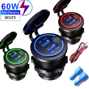 Quick Charge 3.0 Dual USB Fast Car Charger Socket Waterproof 12V 24V QC3.0 Power Outlet with Touch Switch Led Light