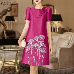 ZANZEA Korean Style Womens Elegant Floral Embroidery Satin Dress Party Puff Sleeve Ruffles Knee Length Dresses # 1125