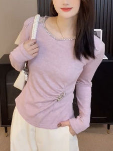QINGNAER | Elegant Loose Style Plus Size Womens Blouse Purple Pearly Ruffle Waist Design