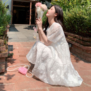 White Bubble Sleeve Dress Womens New 2025 French Gentle Sweet Anti-Aging Texture Tea Break Skirt Korean Style High Waist A-Line Skirt Short Sleeve round Neck