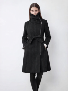 S·DEER | Winter Irregular Collar Waist Accent Dark Stripe Wool Overcoat