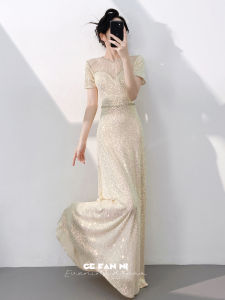 Elegant Princess Style Sequin Dress Womens Evening Gown Beautiful Host Korean Style A-Line Skirt Long Dress for Party Wedding