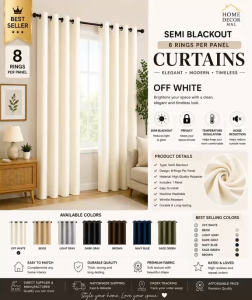Semi Blackout Katrina Curtains 8 Rings Per Panel | Elegant Modern Window Curtain for Living Room Bedroom
