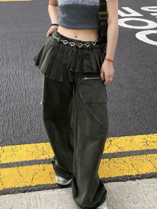 Plus Size American Retro Distressed Asymmetrical Pleated Skirt Side Fake Two-Piece Denim Female Loose Casual Draped Pants