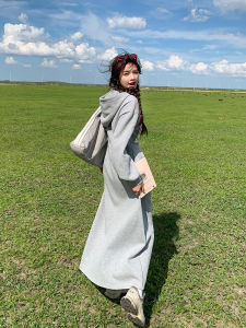 Gray Hoodie Dress Womens Spring Autumn Loose Casual Sports Simple Elegant Long Dress Korean Style H-Line Single Piece