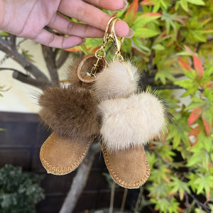 Brown Fur Snow Boots Keychain Cute Plush Ball Car Interior Decoration Mink Fur Pompom Bag Accessory Lovely Hanging Ornament