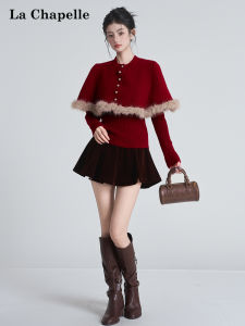 La Chapelle | Festive Red Fur-Trim Womens Cardigan Set