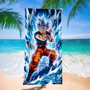 Bandai | Dragon Ball Ultra Instinct Goku Beach Towel Blue Ice Flame Anime Microfiber Quick Dry Absorbent Swim Towel for Fans