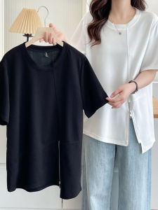 เสื้อยืดคอกลมแขนสั้นผ่าข้างมีซิปสำหรับผู้หญิงไซส์ใหญ่ ทรงเข้ารูป ทรงหลวม ผ้าฝ้าย สีพื้น ฤดูร้อน 2025 จีนแผ่นดินใหญ่