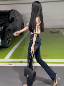 Quần Jeans Denim Ống Rộng Cạp Cao Phong Cách Retro Hàn Quốc Màu Xanh Đậm Cho Nữ Quần Dài Ôm Dáng Ôm Vừa Vặn Thời Trang Mùa Hè