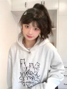 อเมริกันเรโทร หลวม Fit ฤดูใบไม้ผลิ ฤดูใบไม้ร่วง ผู้หญิง เสื้อฮู้ด แจ๊กเก็ตแบบบางสบาย สไตล์เกาหลี สไตล์ขี้เกียจ การ์ตูน พิมพ์แขนยาว