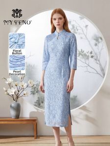 MY TENO | New Autumn Fashion Lace Dress Cheongsam Style Midi Skirt Elegant Chinese Culture Womens Clothing Versatile Business Casual Party