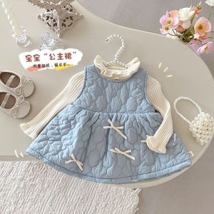 Korean Style Fleece Lined Cotton Vest Dress High Waist mid Length Skirt for Girls Baby Girls Winter Fashion Pure Color AQ086