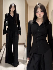 Black Slim Fit Long Sleeve Shirt Womens Fashion Polo Collar Belted Waist Enhancing Hot Girl Style Commute Korean Version Shirt