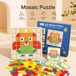 Montessori Wooden Mosaic Puzzle for Kids: 120 Color & Shape Matching Blocks with 20 Double-Sided Pattern Cards – Educational Toy with Storage Box