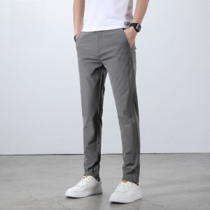 ROMON | Lormen Ice Silk Mens Summer Thin Quick Dry Slim Fit Straight Leg Suit Pants Casual Elastic Leisure Trousers Fashionable Urban Style