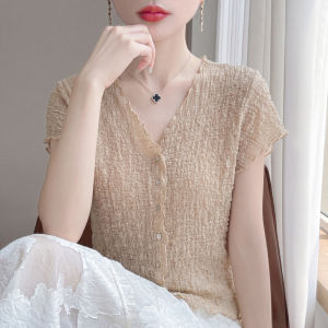 SHEHAN | V-Neck Short Sleeve Ruffled Buttoned Slimming Womens Blouse