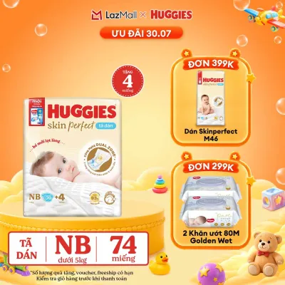 [30.7 QUÀ TẶNG ĐƠN 0Đ] Tã/bỉm dán sơ sinh Huggies Skin Perfect NB70 với 2 vùng thấm giảm kích ứng da (tặng miếng thay đổi theo từng đợt)