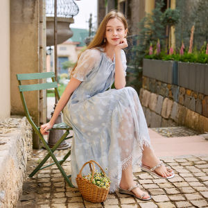 XIANGYING | Blue Embroidered Ruffle Hemmed Dress Bubble Sleeves Cinched Waist Tassel Vacation Style
