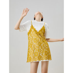 Yellow Lace Hollow out Summer Set Womens Fashionable Two-Piece Suit round Neck Short Sleeve G13851 for Ages 25-35