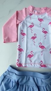 Two Piece Swimwear for Kids Girls 1-12 Y Girls Swimming Suit with Swim Cap Long Sleeve Rash Guard for Children White and Pink Patchwork with Flamingos Pattern