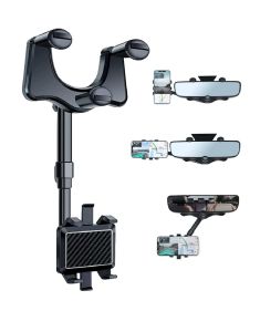 Car Rearview Mirror Phone Holder 360° Retractable Rotatable Cell Phone Holder Clip Mobile Phone GPS Support Phone Mount Stand