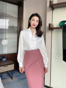 Spring New Style Loose Fit Long Sleeve V-Neck White Acetate Satin Womens Shirt Casual Versatile Top for Commuting And Leisure