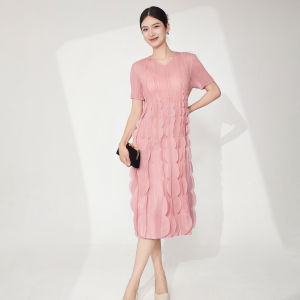 Elegant A-Line Dress Summer plus Size Slimming Midi Skirt Birthday Party Wedding Bride Maids Dress Korean Casual Style High Waist Polyester Fabric Short Sleeve V-Neck Solid Color