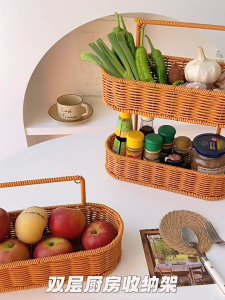 Rattan Wall Mounted Storage Rack Plastic Rattan Basket Suitable For Home Kitchen And Bathroom Storage