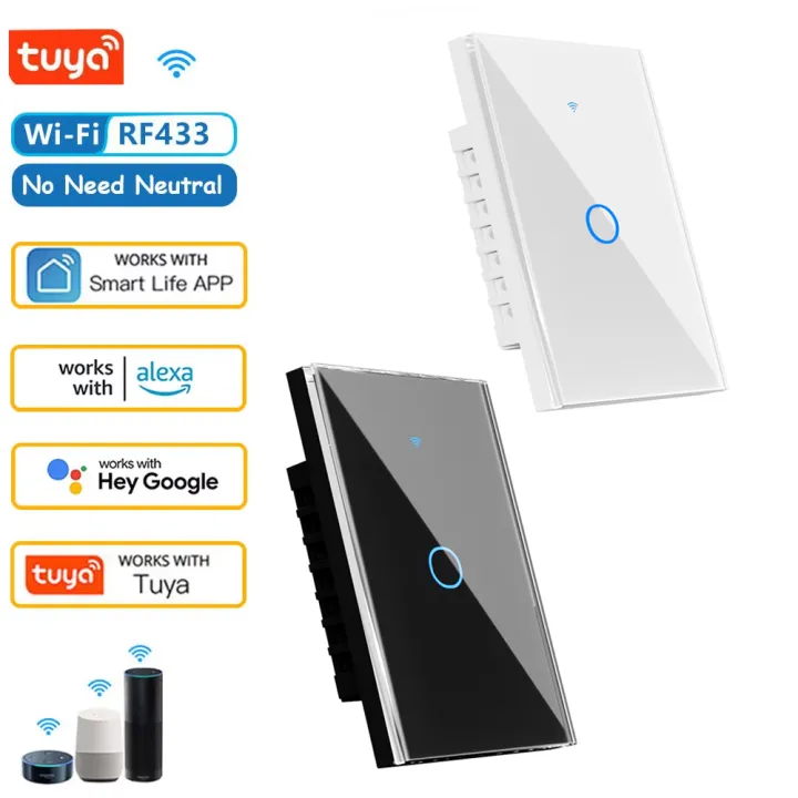 SIXWGH | Tuya US WiFi+RF433 Smart Wall Switch 1/2/3/4 Gang Smart Touch Sensor LED Light Switches Alexa Google Home