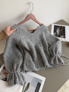 QINGNAER | Gentle Gray V-Neck Bow Knit Sweater Large Size