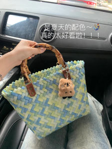 Summer Bamboo Fiber Handwoven Womens Handbag French Style Wicker Basket Bag Fashionable Casual Soft Handle Bucket Shape