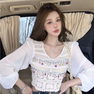GUZILIAN | Fashionable Splicing Hook Flower Knitted Top Womens Heavy Work Diamond Beach Summer Hot Girl Short Shirt Korean Style Slim Fit