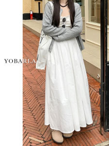 กระโปรงทรงเอเอวสูงผ้าฝ้ายสีขาว สไตล์ใหม่ฤดูใบไม้ร่วงสำหรับผู้หญิงไซส์ใหญ่ กระโปรงทรงบานยาวปานกลาง