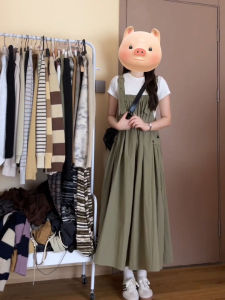 Summer Chic Korean Style Loose Hiding Flesh Slimming Strap Womens Dress White T-shirt Two-Piece Set Polyester Fiber Short Sleeve