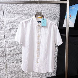 Cotton Linen Mens Short Sleeve Shirt Summer Fresh Breathable Flip Collar Standard Fit Youth Popular Pure Color Button up