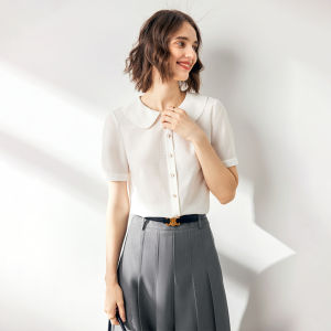 Acetate White Short Sleeve Career Shirt for Women Doll Collar French Style Top Casual Straight Leggings Pure Color Summer Design